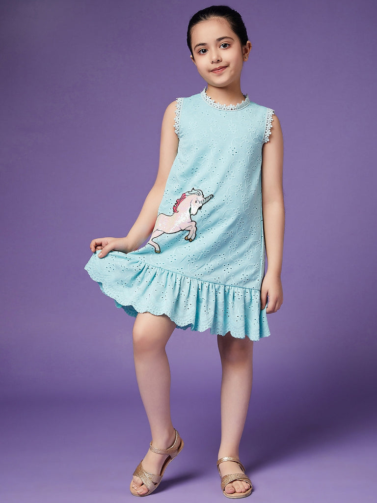 Girls Schiffli Drop-Waist Cotton Dress (d-laceblue)