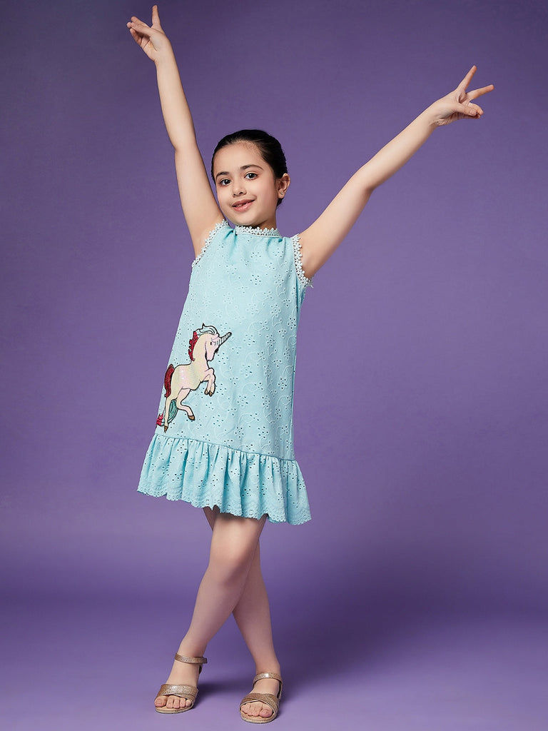 Girls Schiffli Drop-Waist Cotton Dress (d-laceblue)