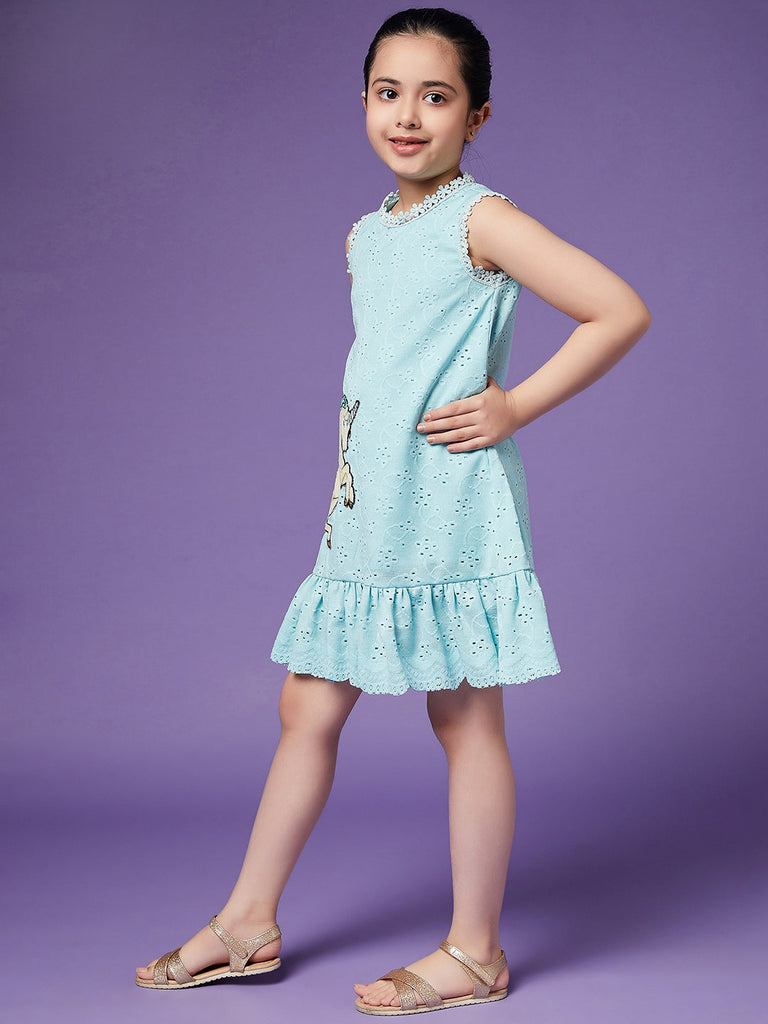 Girls Schiffli Drop-Waist Cotton Dress (d-laceblue)