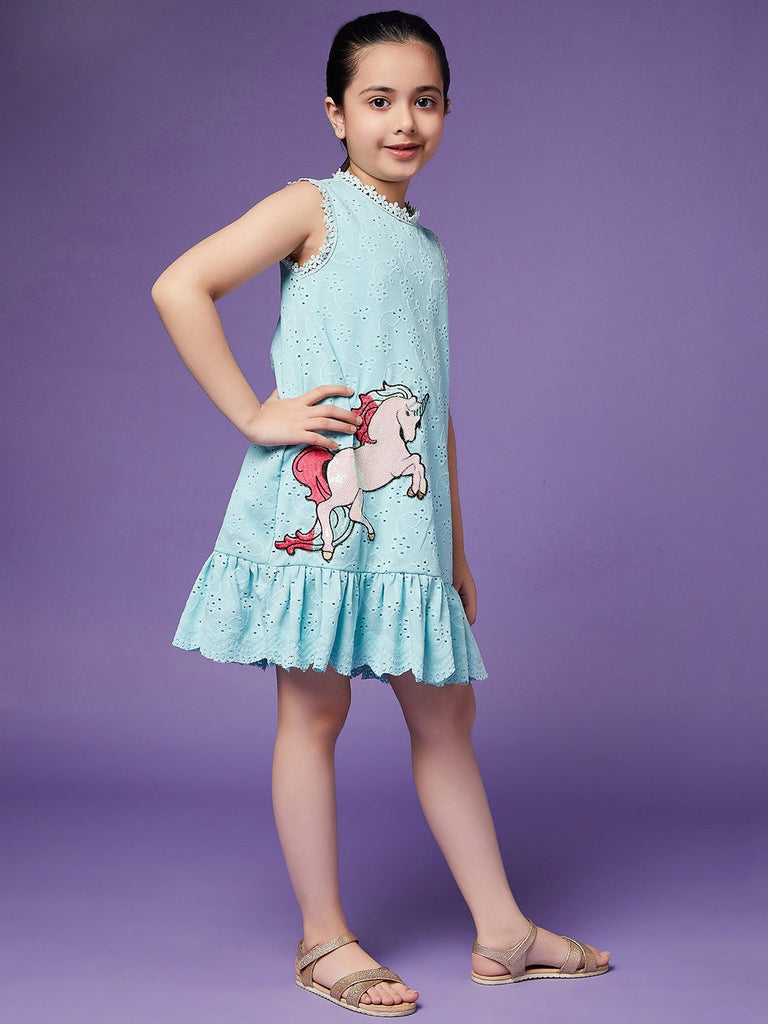 Girls Schiffli Drop-Waist Cotton Dress (d-laceblue)