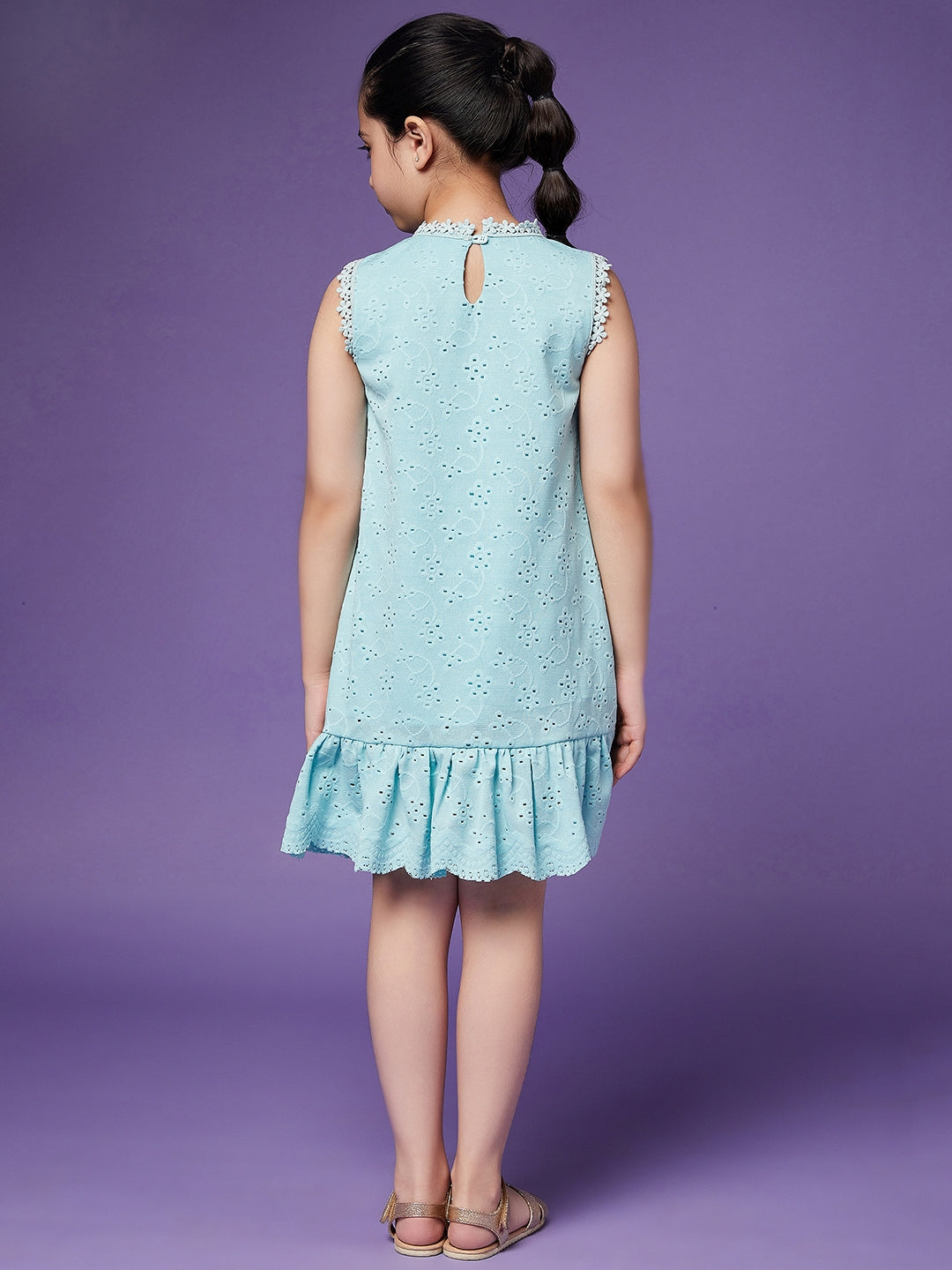 Girls Schiffli Drop-Waist Cotton Dress (d-laceblue)