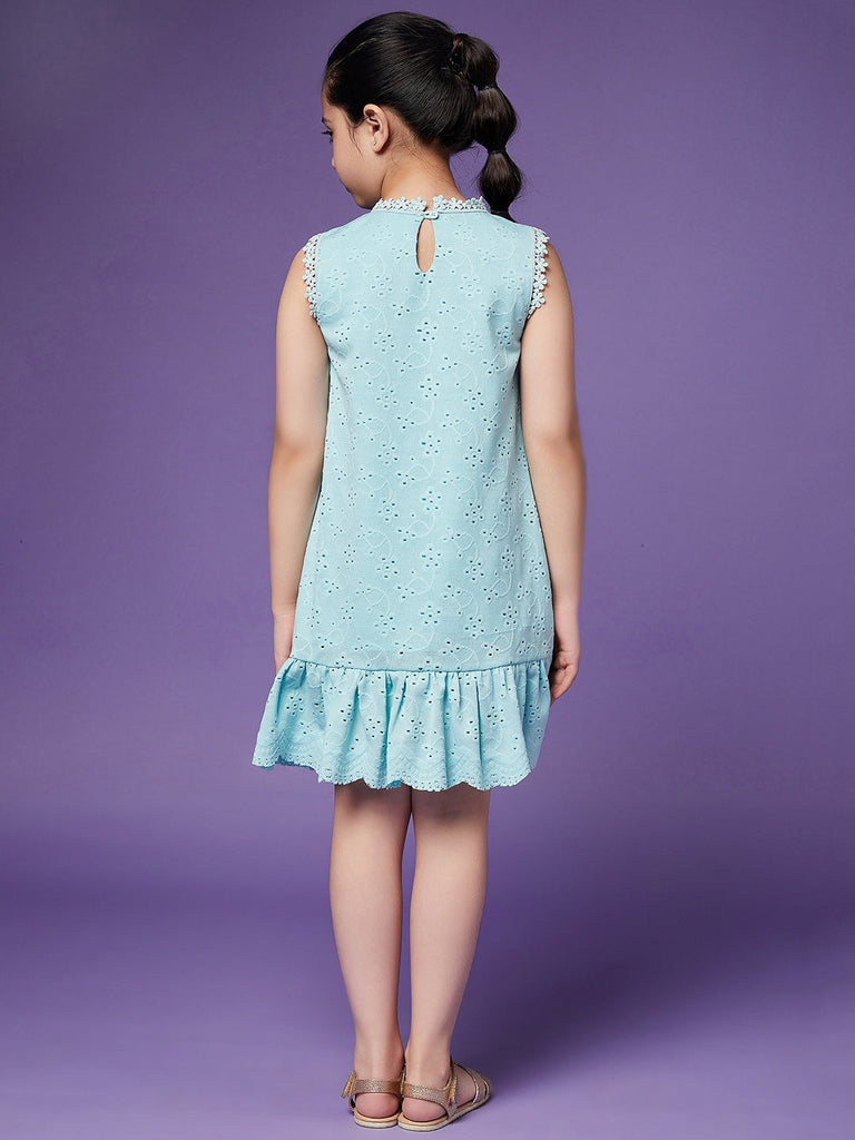 Girls Schiffli Drop-Waist Cotton Dress (d-laceblue)