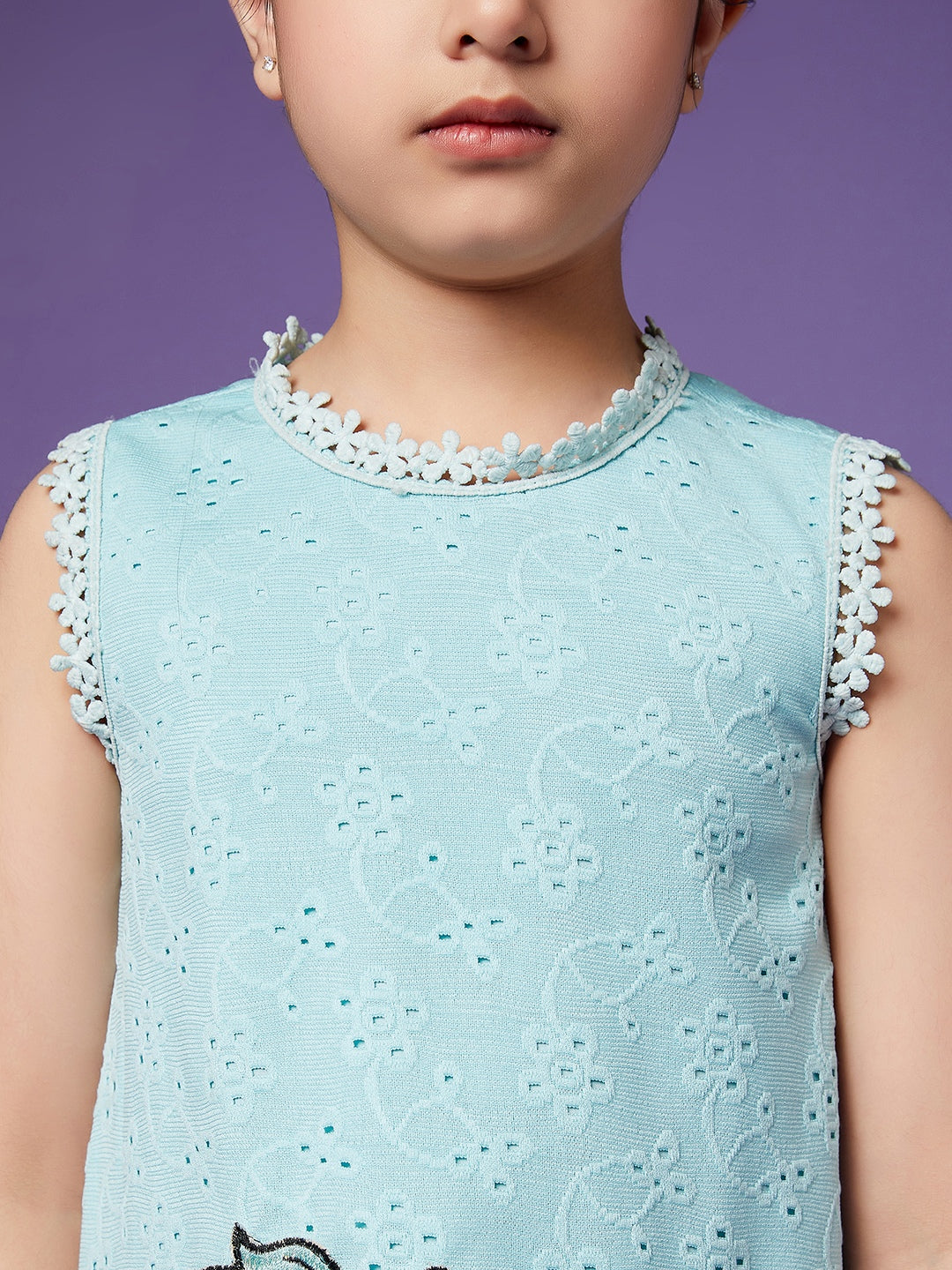 Girls Schiffli Drop-Waist Cotton Dress (d-laceblue)
