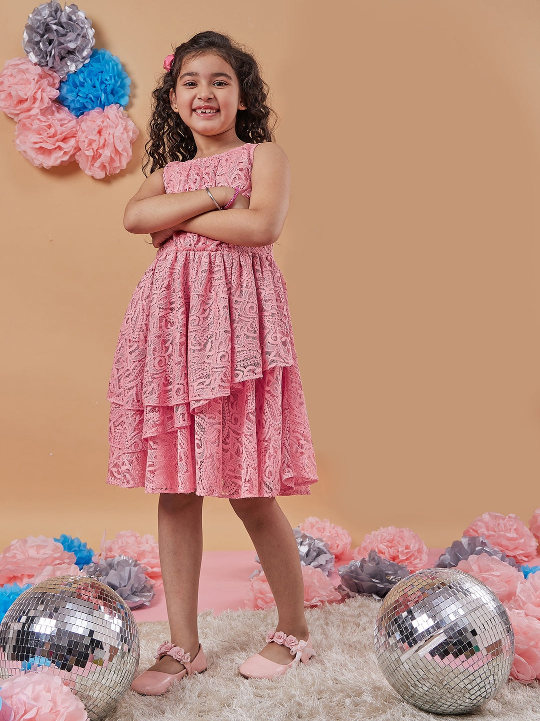 Chic Girl's Self-Design Round Neck A-Line Dress Orange Color Effortless Style for Trendy Teens (d-lacenude)