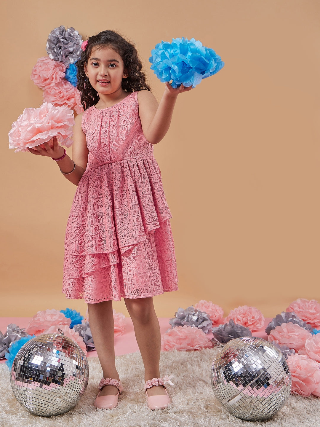 Chic Girl's Self-Design Round Neck A-Line Dress Orange Color Effortless Style for Trendy Teens (d-lacenude)