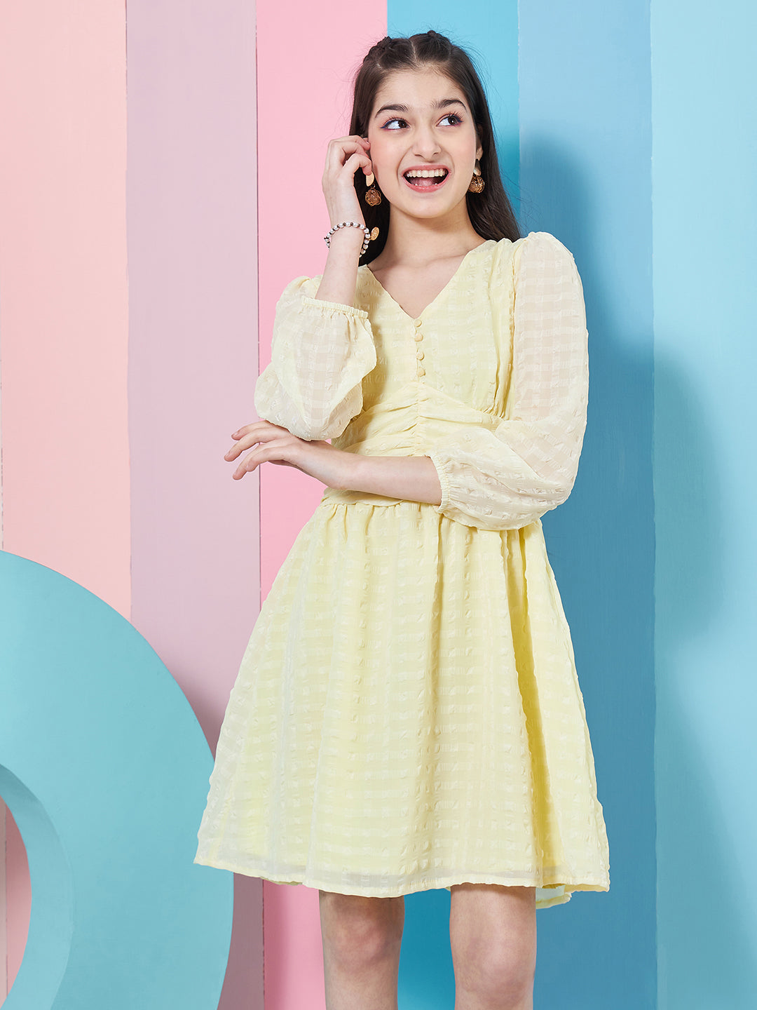 Stylish Self-Design Puff Sleeve Georgette Fit & Flare Yellow Dress Perfect for Any Occasion (d-lemonbubble)