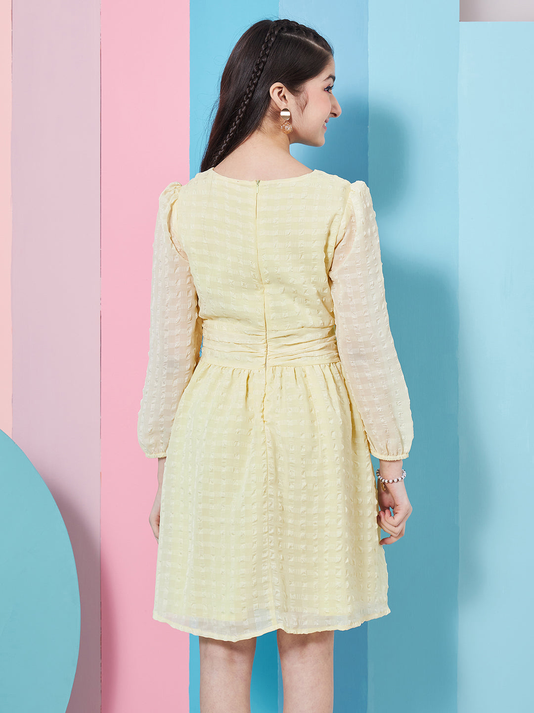 Stylish Self-Design Puff Sleeve Georgette Fit & Flare Yellow Dress Perfect for Any Occasion (d-lemonbubble)