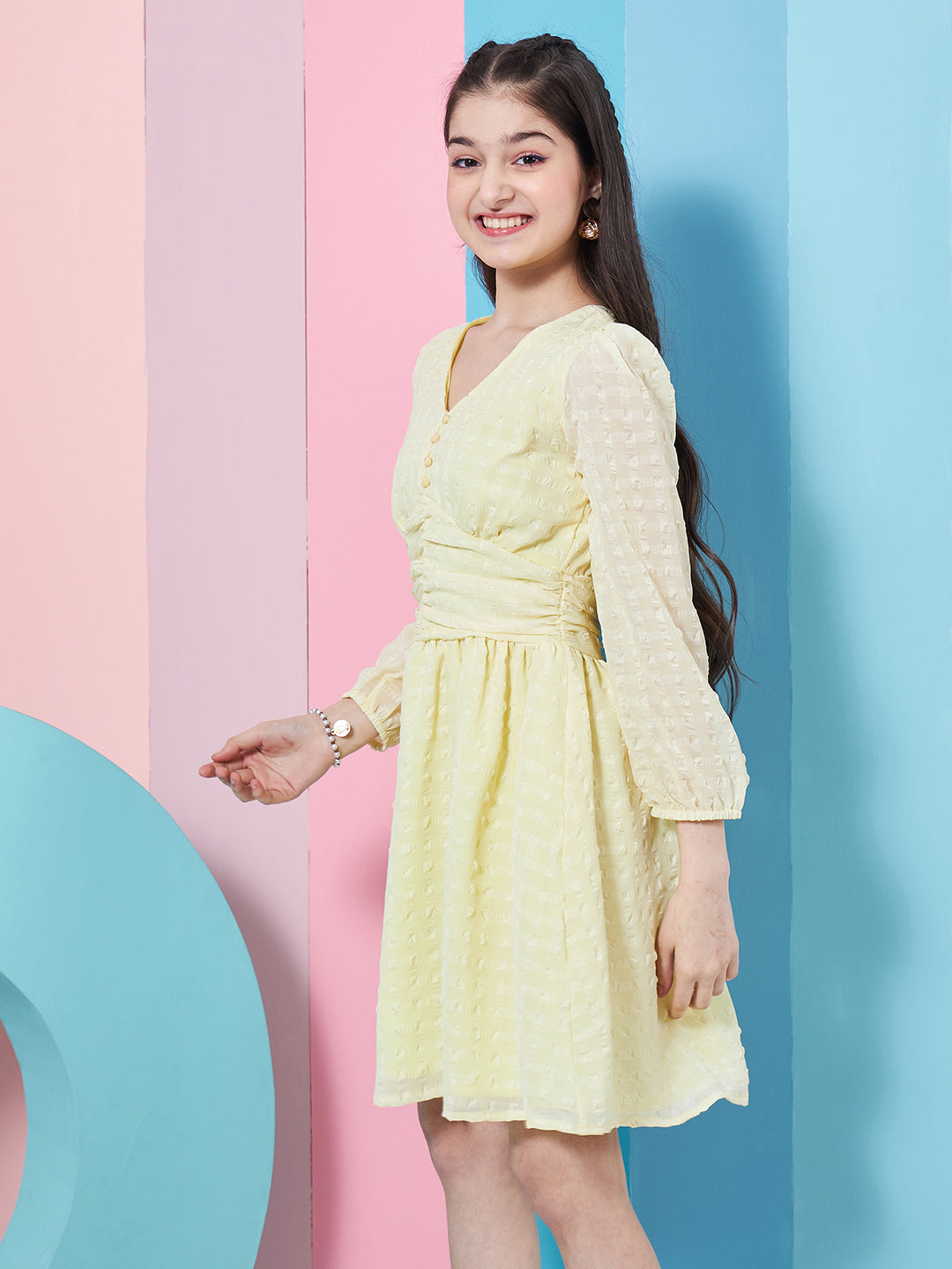 Stylish Self-Design Puff Sleeve Georgette Fit & Flare Yellow Dress Perfect for Any Occasion (d-lemonbubble)