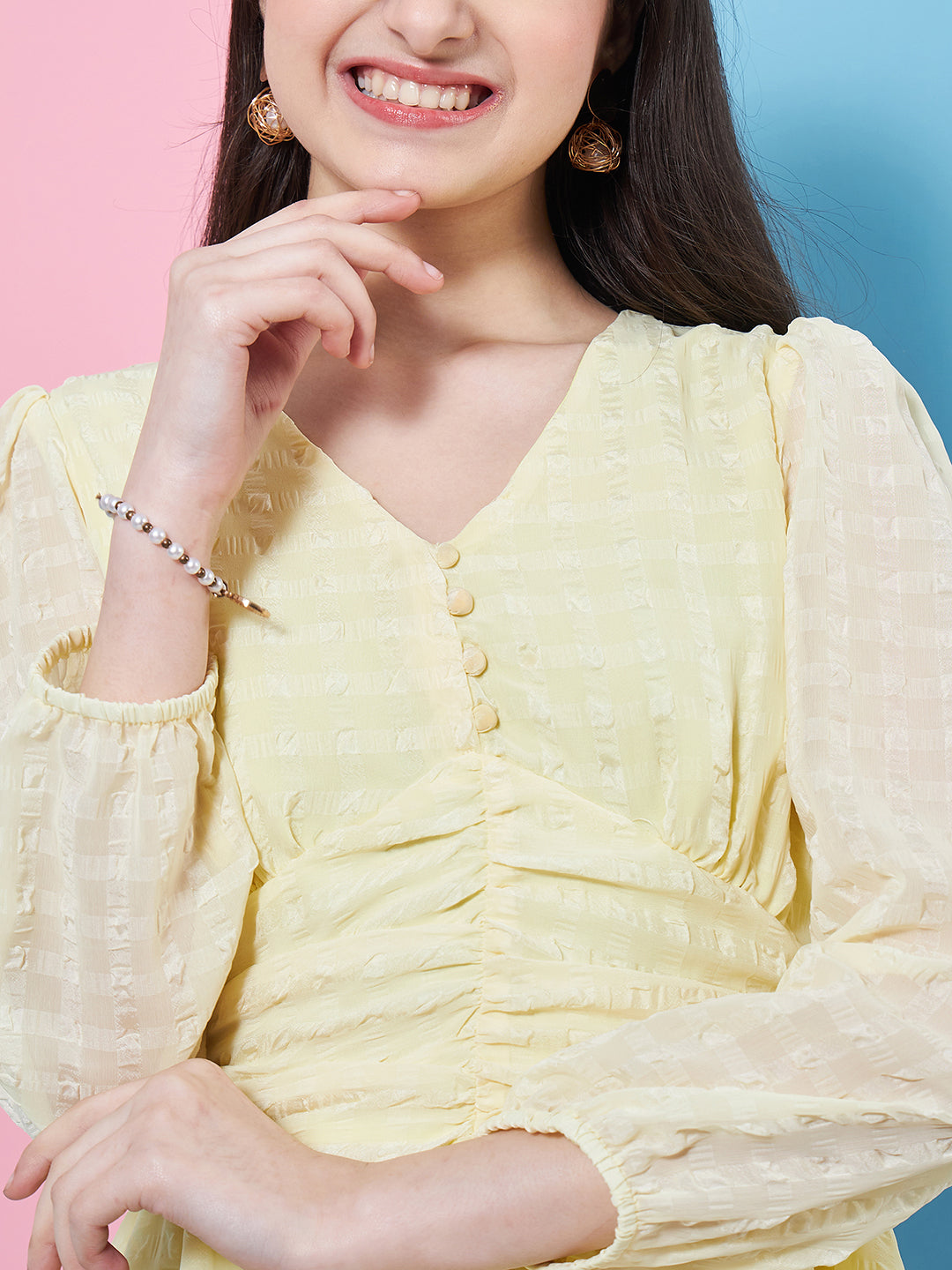 Stylish Self-Design Puff Sleeve Georgette Fit & Flare Yellow Dress Perfect for Any Occasion (d-lemonbubble)