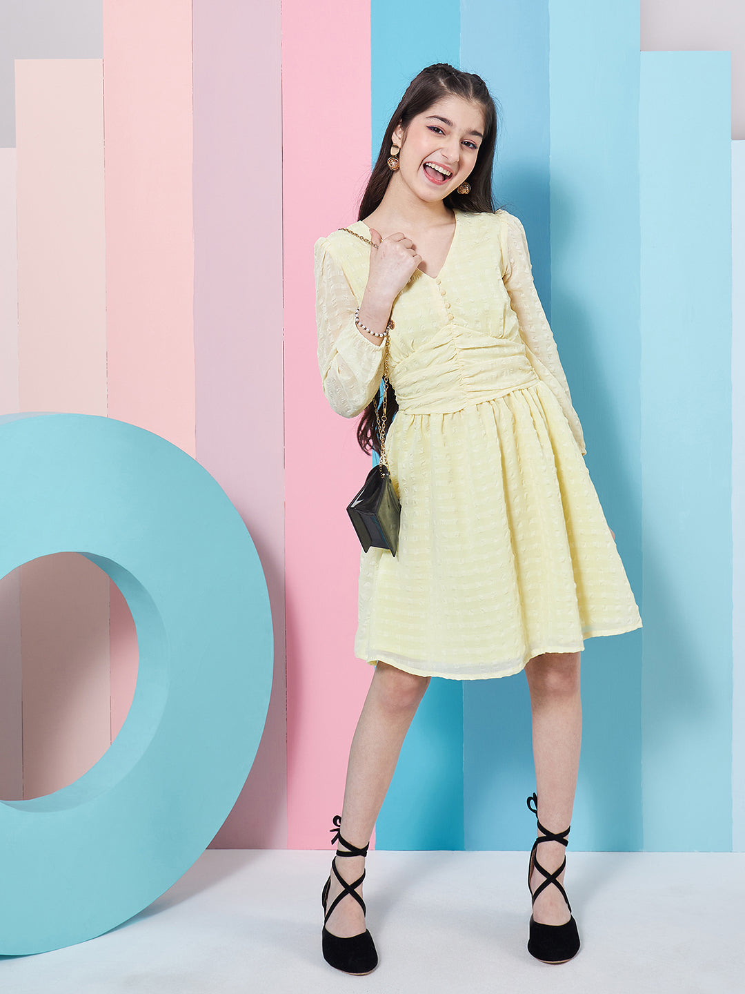 Stylish Self-Design Puff Sleeve Georgette Fit & Flare Yellow Dress Perfect for Any Occasion (d-lemonbubble)