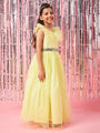 Girls Yellow Embellished Flutter Sleeve Round neck Gown Party Dress (d-lemondew)