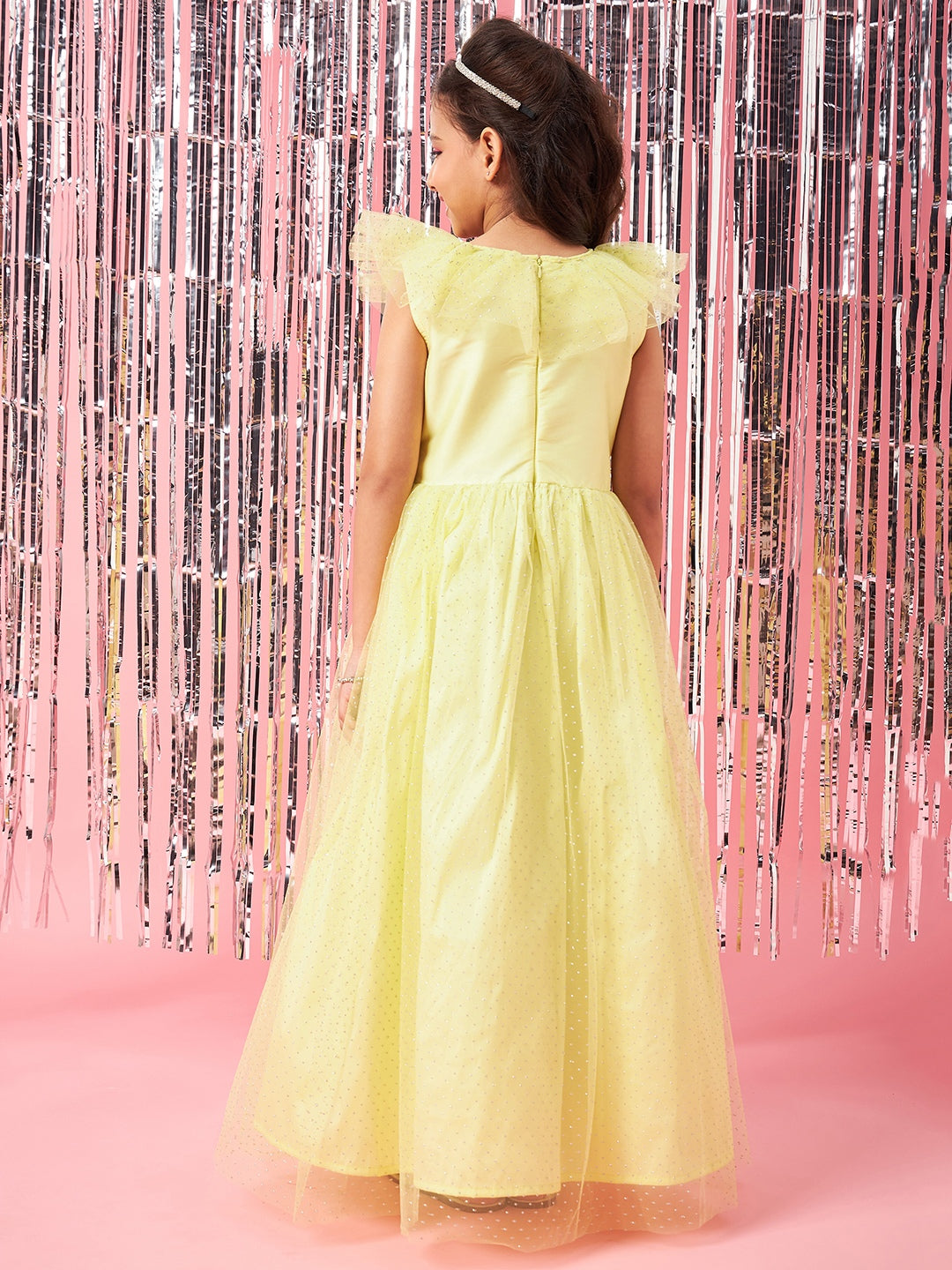 Girls Yellow Embellished Flutter Sleeve Round neck Gown Party Dress (d-lemondew)