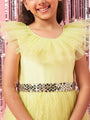 Girls Yellow Embellished Flutter Sleeve Round neck Gown Party Dress (d-lemondew)