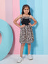 Girl's Abstract Printed Shoulder Straps Fit Flare Dress Black Color Tendy Stylish (d-leopard)