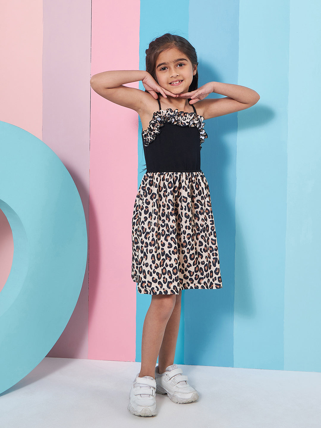 Girl's Abstract Printed Shoulder Straps Fit Flare Dress Black Color Tendy Stylish (d-leopard)