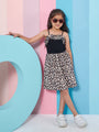 Girl's Abstract Printed Shoulder Straps Fit Flare Dress Black Color Tendy Stylish (d-leopard)