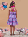 Girl's Floral Printed Halter Neck Chiffon A-Line Dress Purple Color Stylish Perfect for Everyday Wear (d-lilacbutterfly)