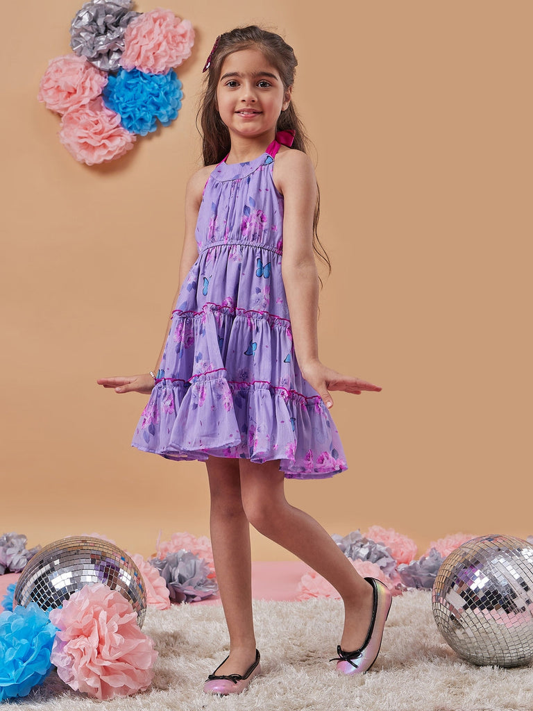 Girl's Floral Printed Halter Neck Chiffon A-Line Dress Purple Color Stylish Perfect for Everyday Wear (d-lilacbutterfly)