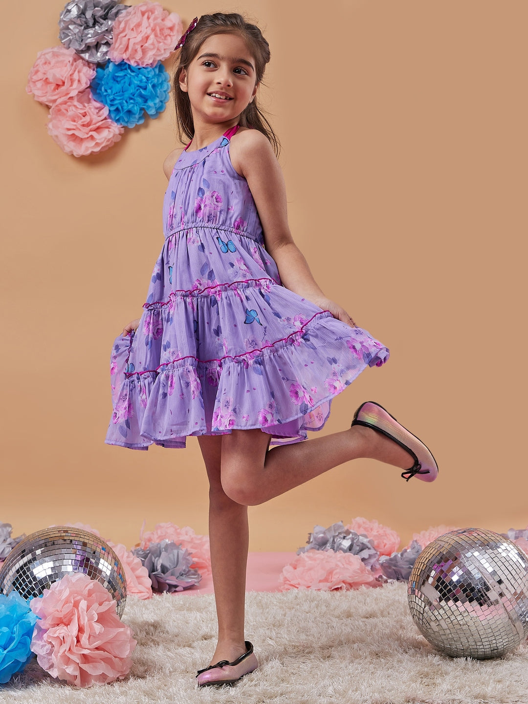 Girl's Floral Printed Halter Neck Chiffon A-Line Dress Purple Color Stylish Perfect for Everyday Wear (d-lilacbutterfly)