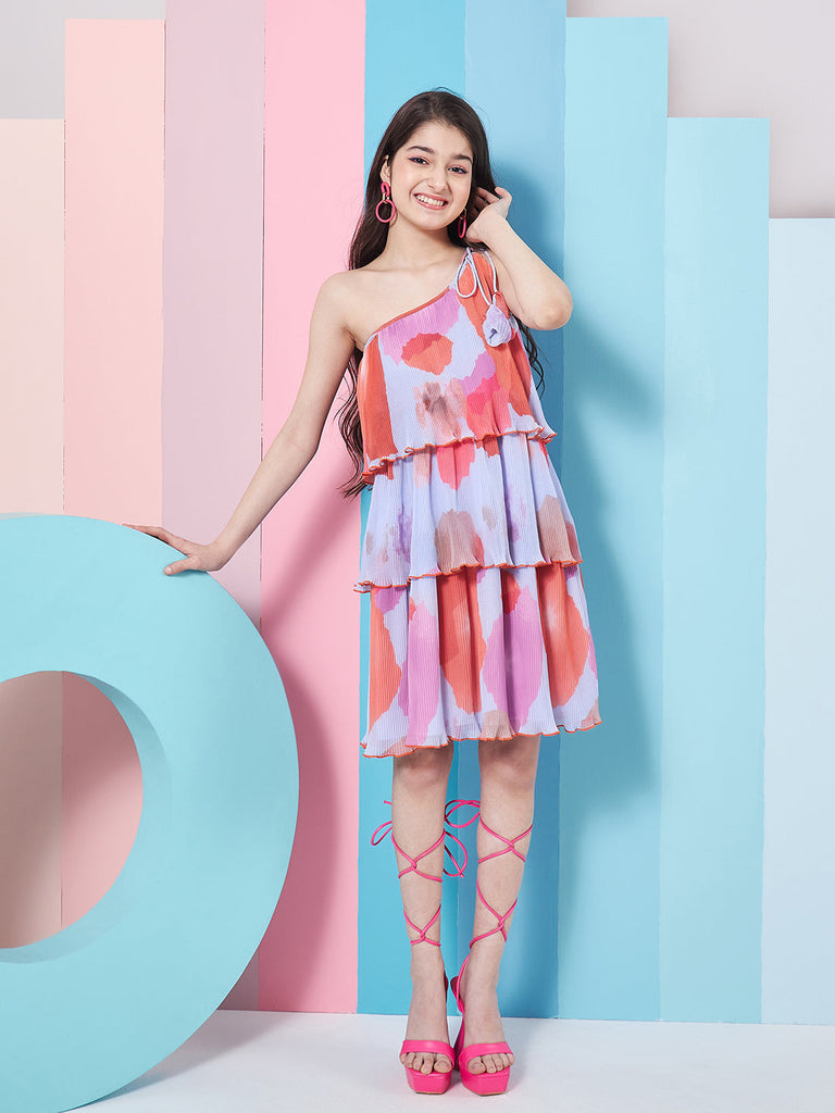 Girl's Abstract Printed One Shoulder Style Georgette A-Line Dress Trandy StylePurple Color Fashionista Choice Eye-Catching Print (d-lilacpleated)