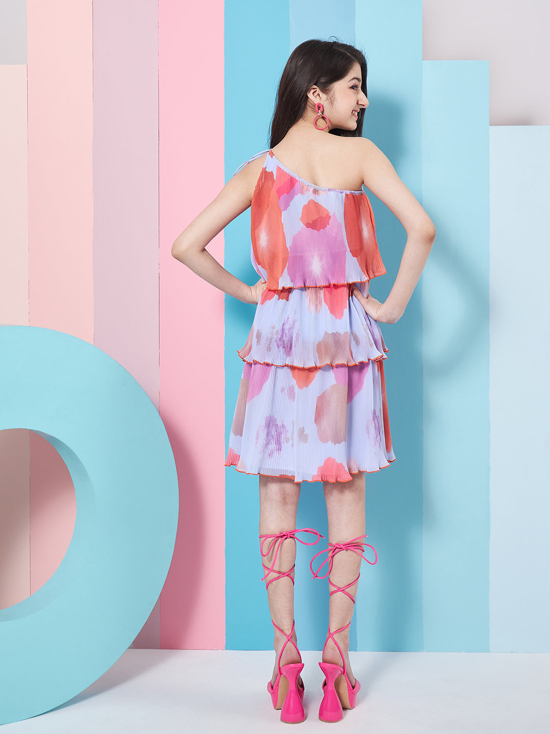 Girl's Abstract Printed One Shoulder Style Georgette A-Line Dress Trandy StylePurple Color Fashionista Choice Eye-Catching Print (d-lilacpleated)