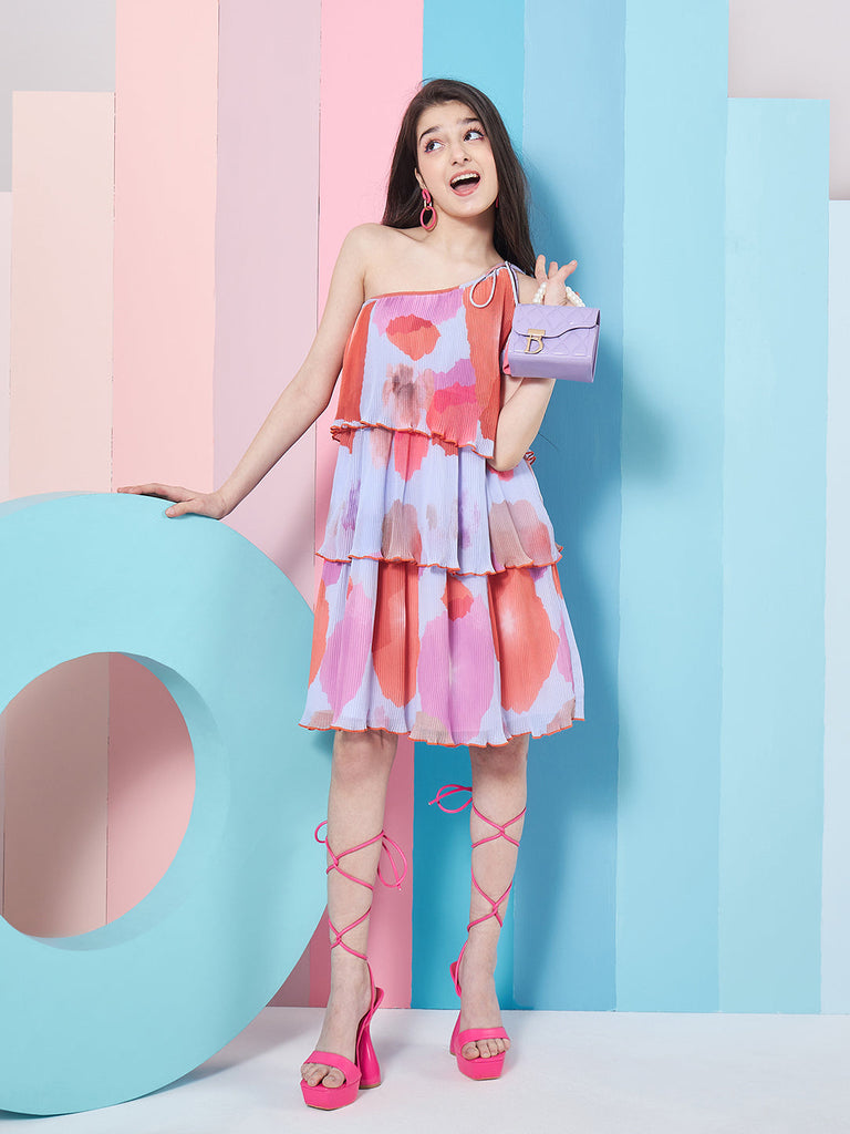 Girl's Abstract Printed One Shoulder Style Georgette A-Line Dress Trandy StylePurple Color Fashionista Choice Eye-Catching Print (d-lilacpleated)