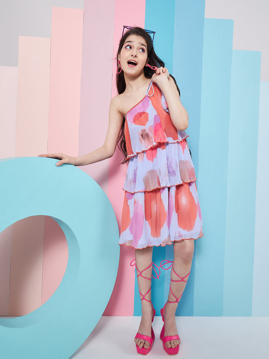 Girl's Abstract Printed One Shoulder Style Georgette A-Line Dress Trandy StylePurple Color Fashionista Choice Eye-Catching Print (d-lilacpleated)