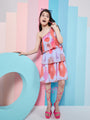Girl's Abstract Printed One Shoulder Style Georgette A-Line Dress Trandy StylePurple Color Fashionista Choice Eye-Catching Print (d-lilacpleated)