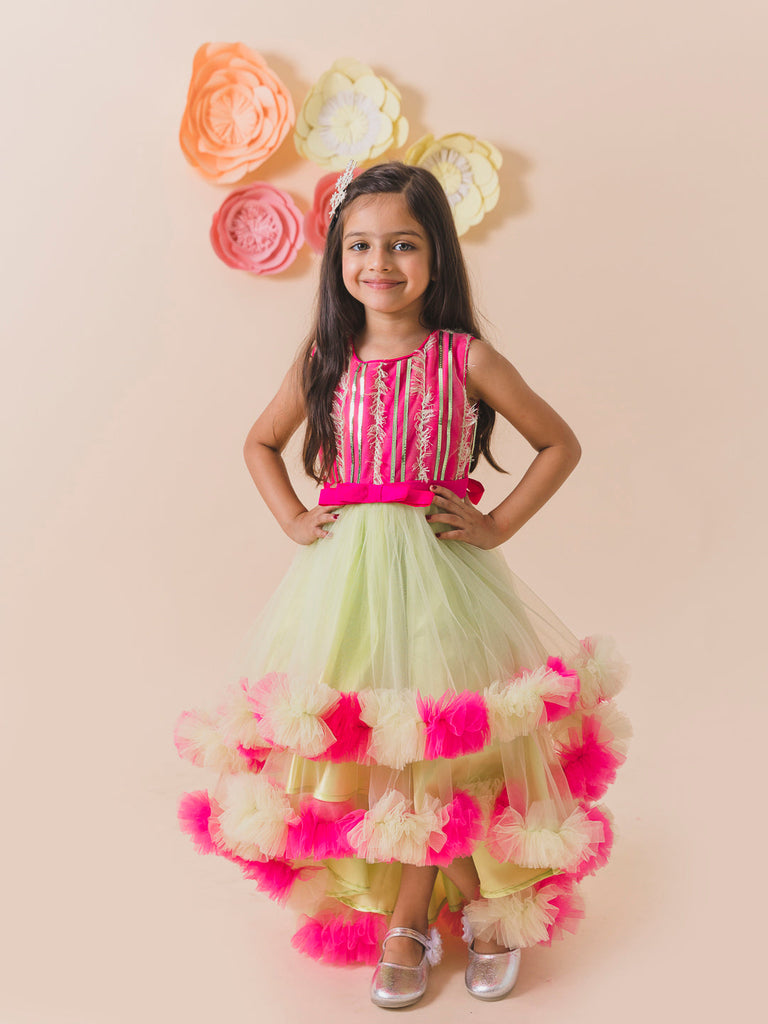 Lime Green & Pink Embellished Net Maxi Dress (d-limeruffle)