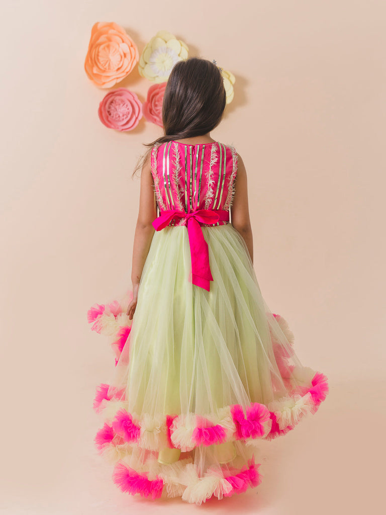 Lime Green & Pink Embellished Net Maxi Dress (d-limeruffle)