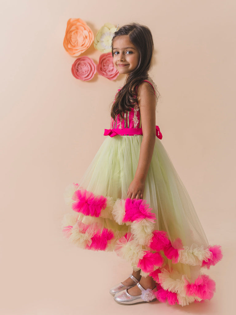 Lime Green & Pink Embellished Net Maxi Dress (d-limeruffle)