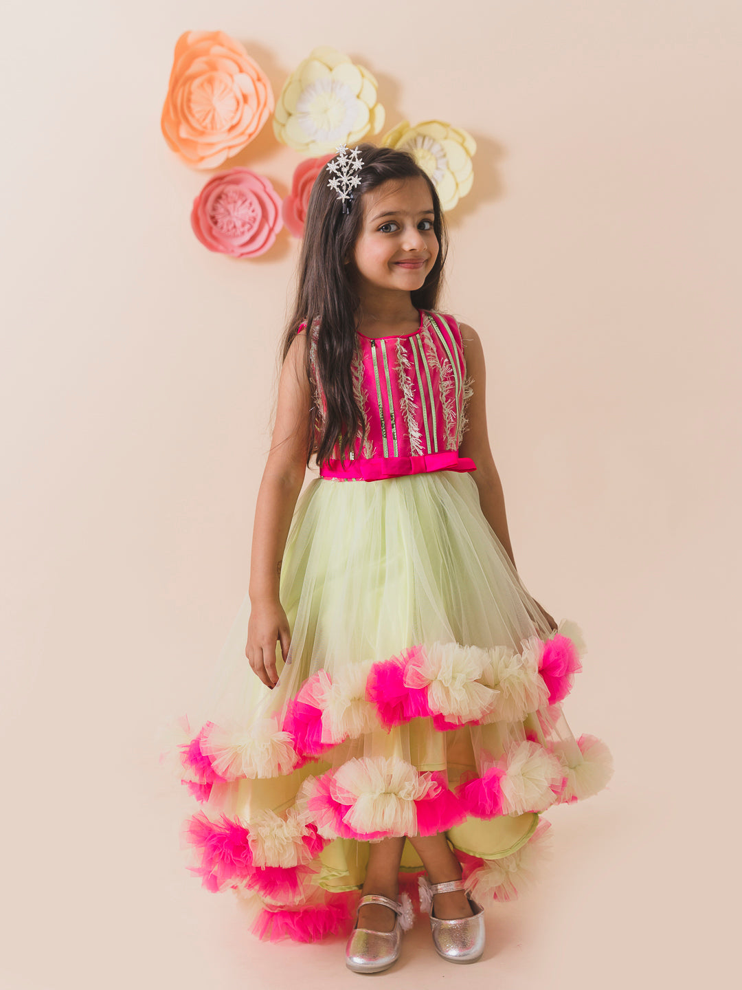 Lime Green & Pink Embellished Net Maxi Dress (d-limeruffle)