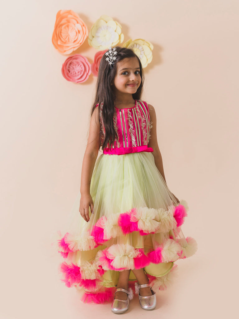 Lime Green & Pink Embellished Net Maxi Dress (d-limeruffle)
