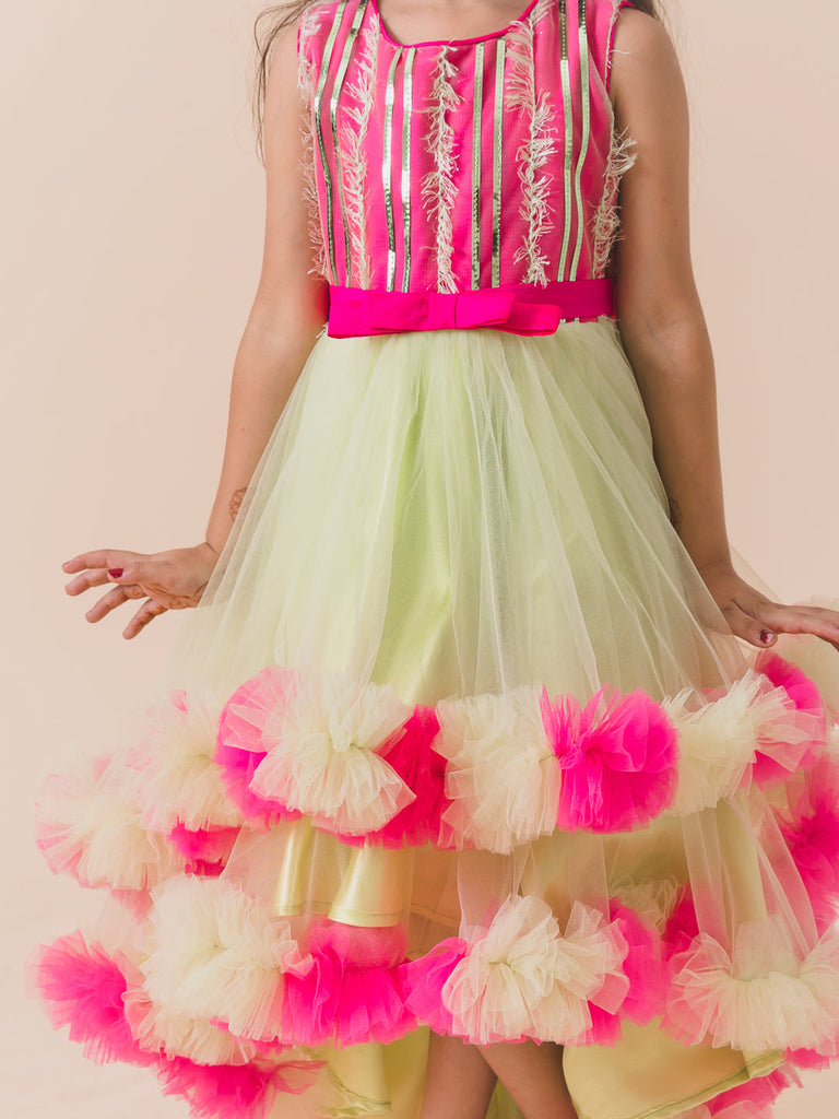 Lime Green & Pink Embellished Net Maxi Dress (d-limeruffle)
