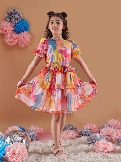 Adorable Girl's Abstract Print Puff Sleeves Chiffon Fit & Flare Dress Perfect for Everyday Wear (d-lurexmu)