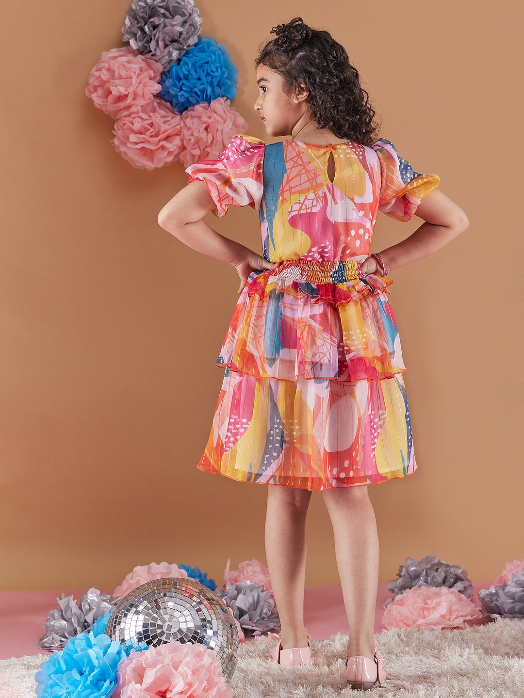 Adorable Girl's Abstract Print Puff Sleeves Chiffon Fit & Flare Dress Perfect for Everyday Wear (d-lurexmu)