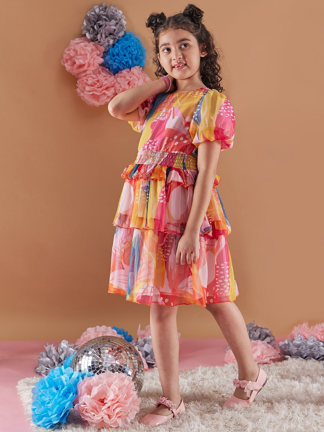 Adorable Girl's Abstract Print Puff Sleeves Chiffon Fit & Flare Dress Perfect for Everyday Wear (d-lurexmu)
