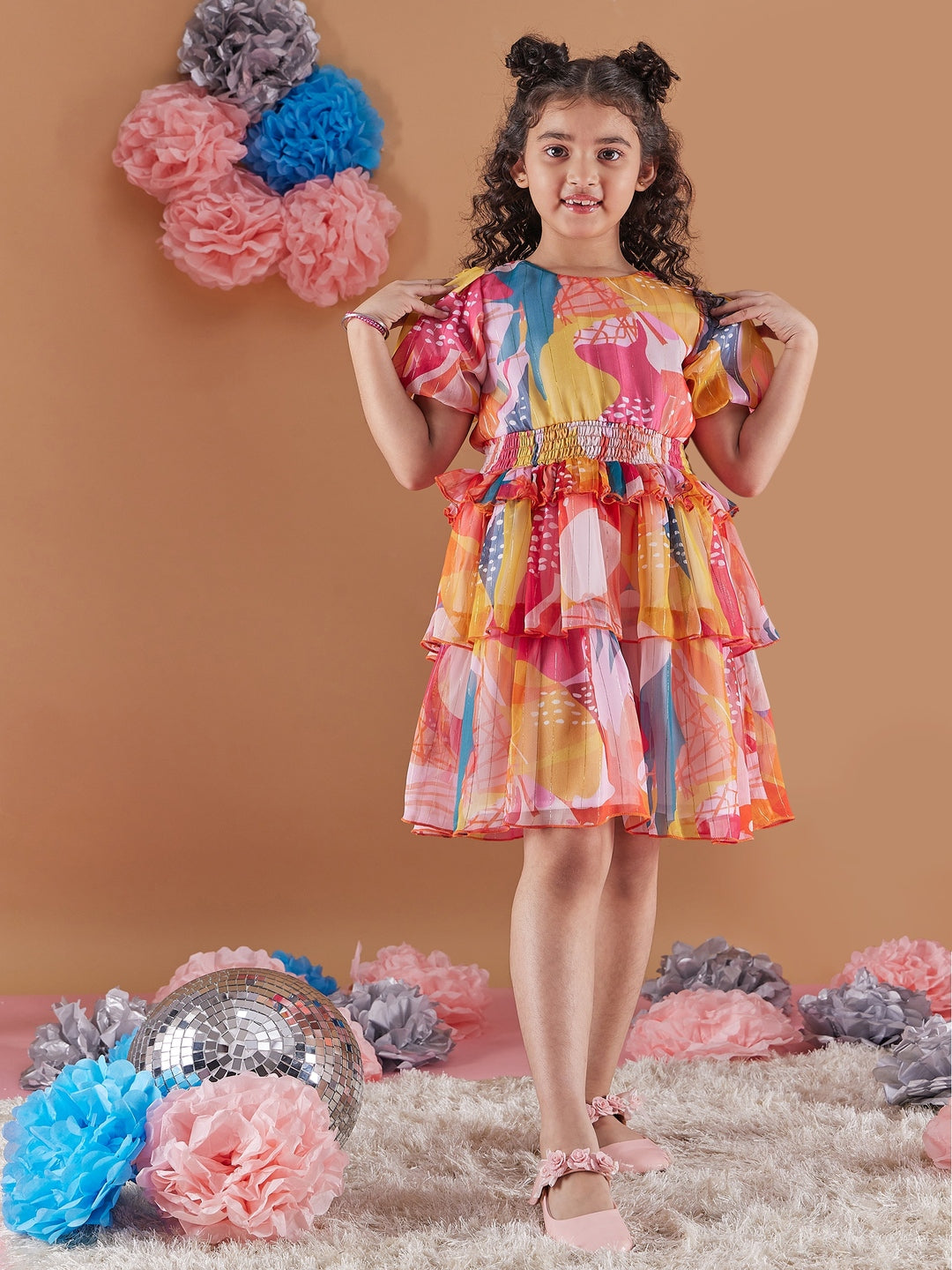 Adorable Girl's Abstract Print Puff Sleeves Chiffon Fit & Flare Dress Perfect for Everyday Wear (d-lurexmu)