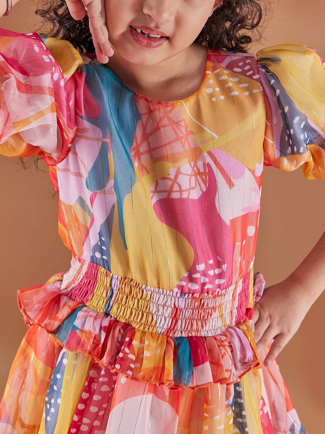 Adorable Girl's Abstract Print Puff Sleeves Chiffon Fit & Flare Dress Perfect for Everyday Wear (d-lurexmu)