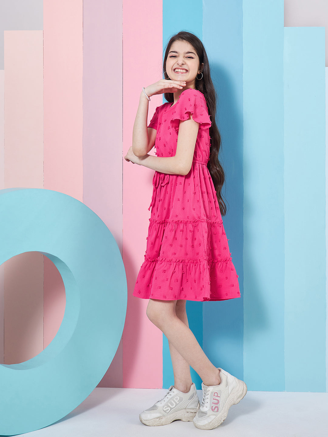 Girl's Self Design V-Neck Flutter Sleeve Georgette Fit Flare Purple Dress Stylish and Perfect for Everyday Look (d-magentadobby)