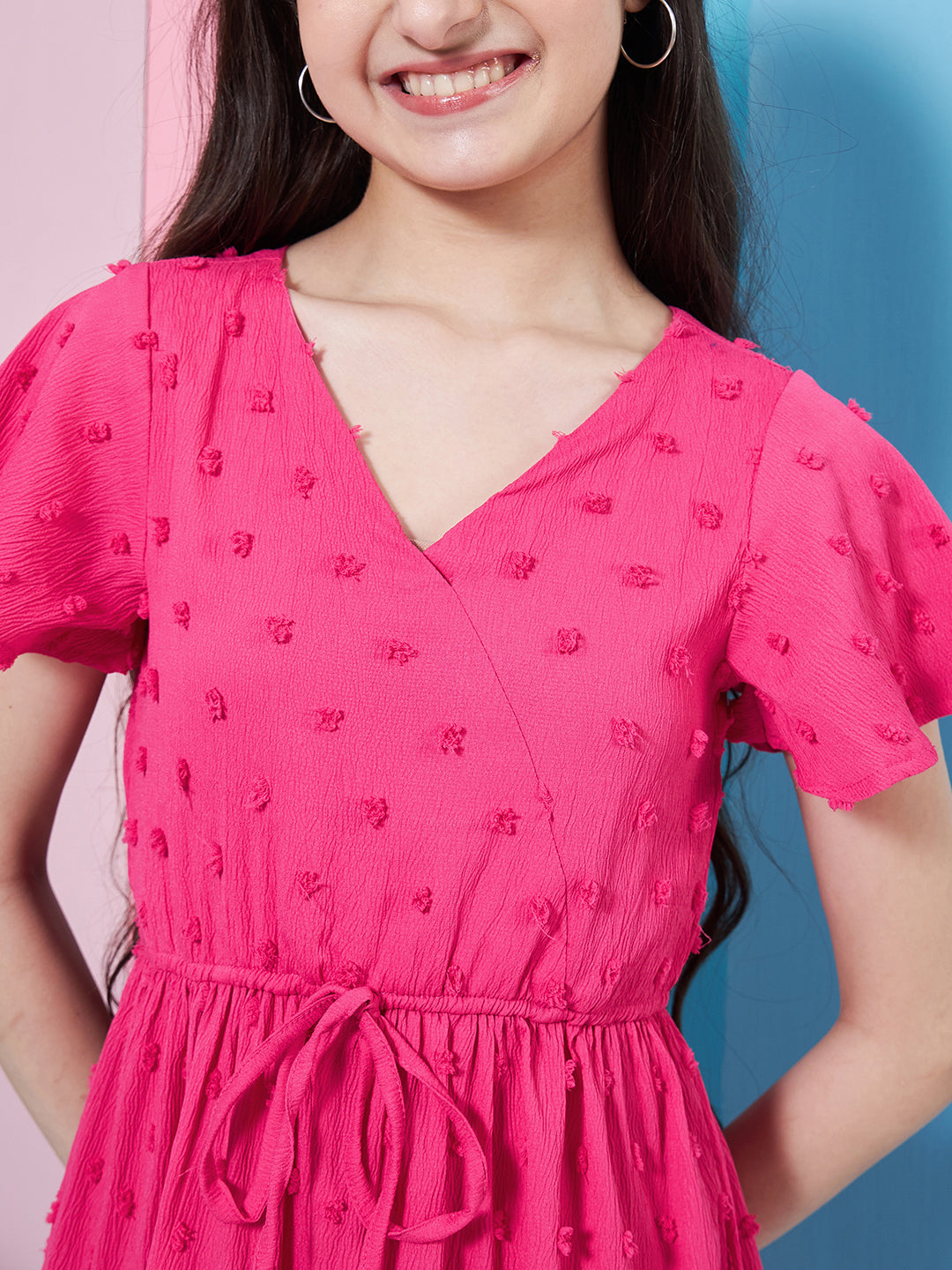 Girl's Self Design V-Neck Flutter Sleeve Georgette Fit Flare Purple Dress Stylish and Perfect for Everyday Look (d-magentadobby)