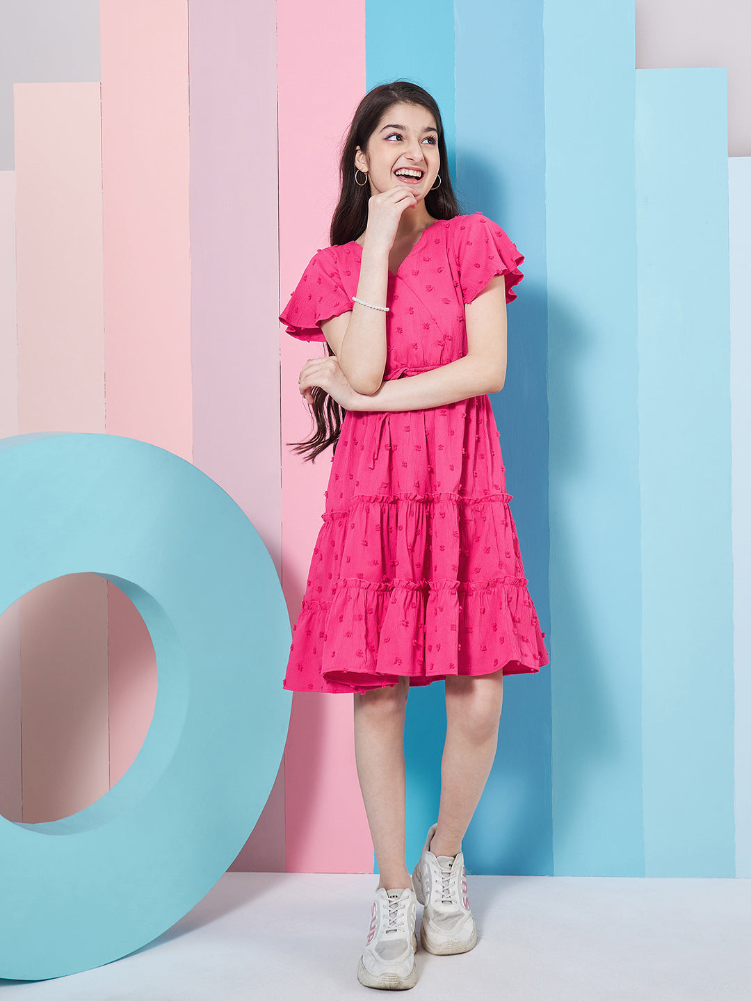 Girl's Self Design V-Neck Flutter Sleeve Georgette Fit Flare Purple Dress Stylish and Perfect for Everyday Look (d-magentadobby)