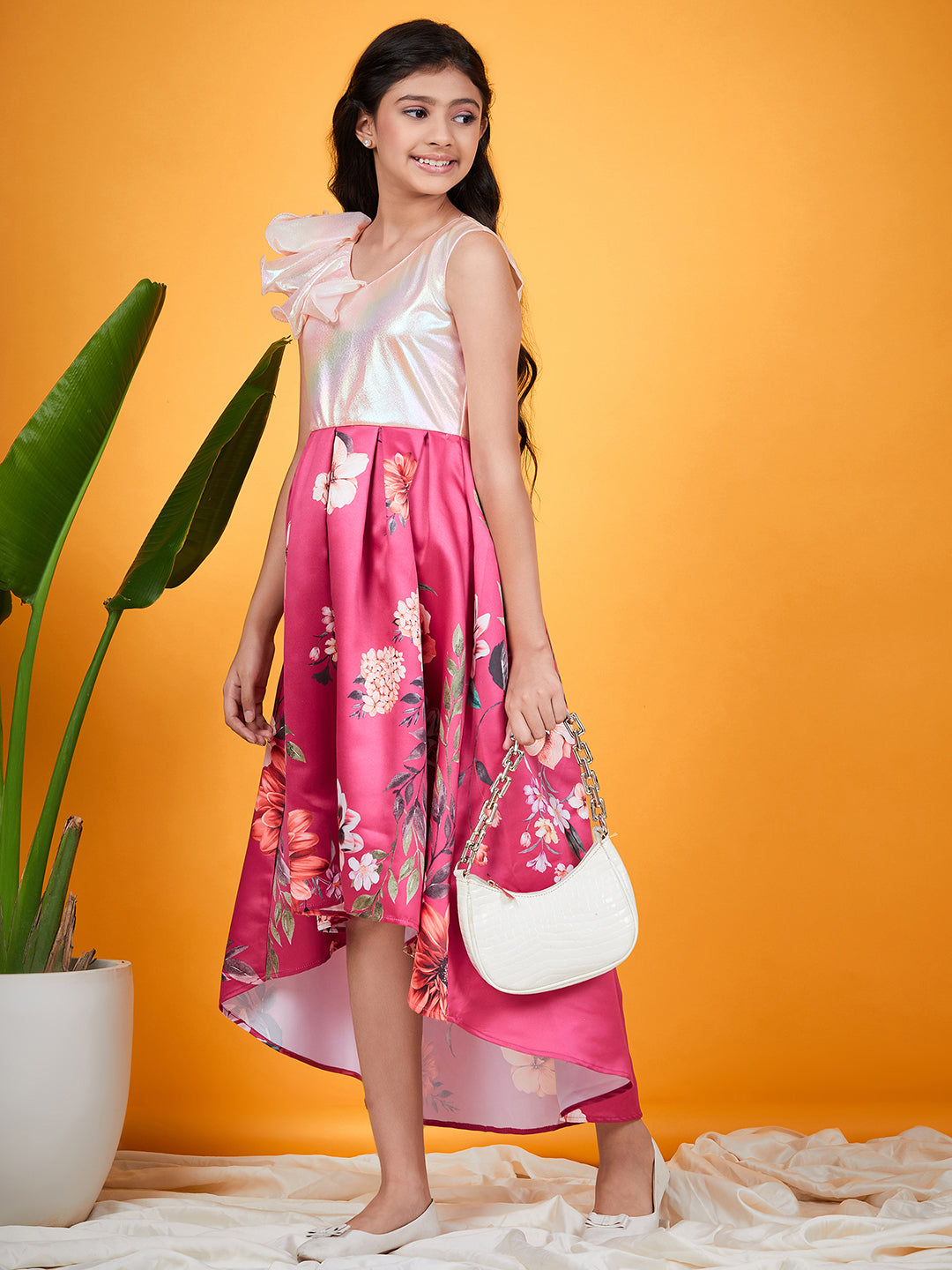Girls Floral Printed Ruffled & Sheen Satin Fit & Flare Dress (d-magsatin)
