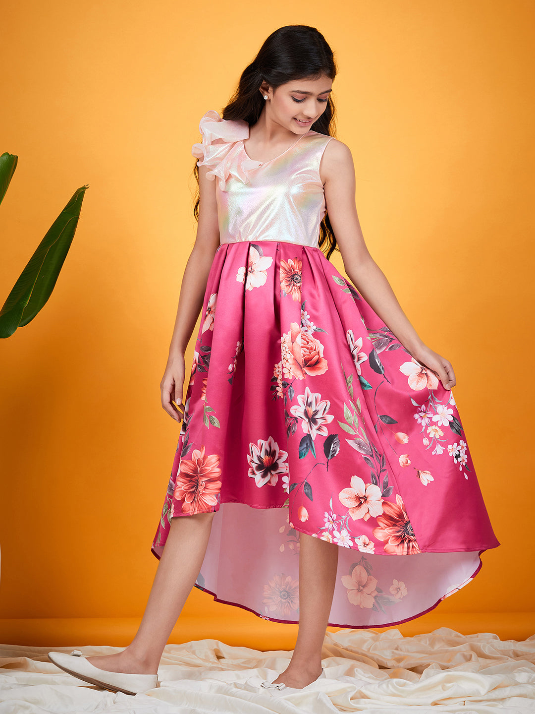 Girls Floral Printed Ruffled & Sheen Satin Fit & Flare Dress (d-magsatin)