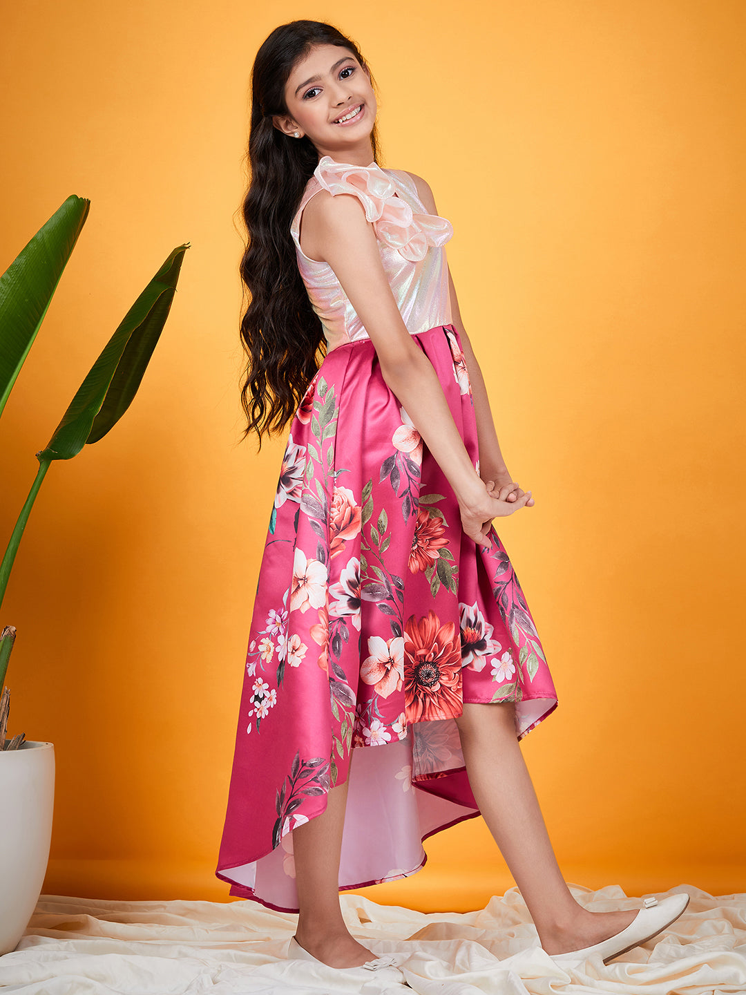 Girls Floral Printed Ruffled & Sheen Satin Fit & Flare Dress (d-magsatin)