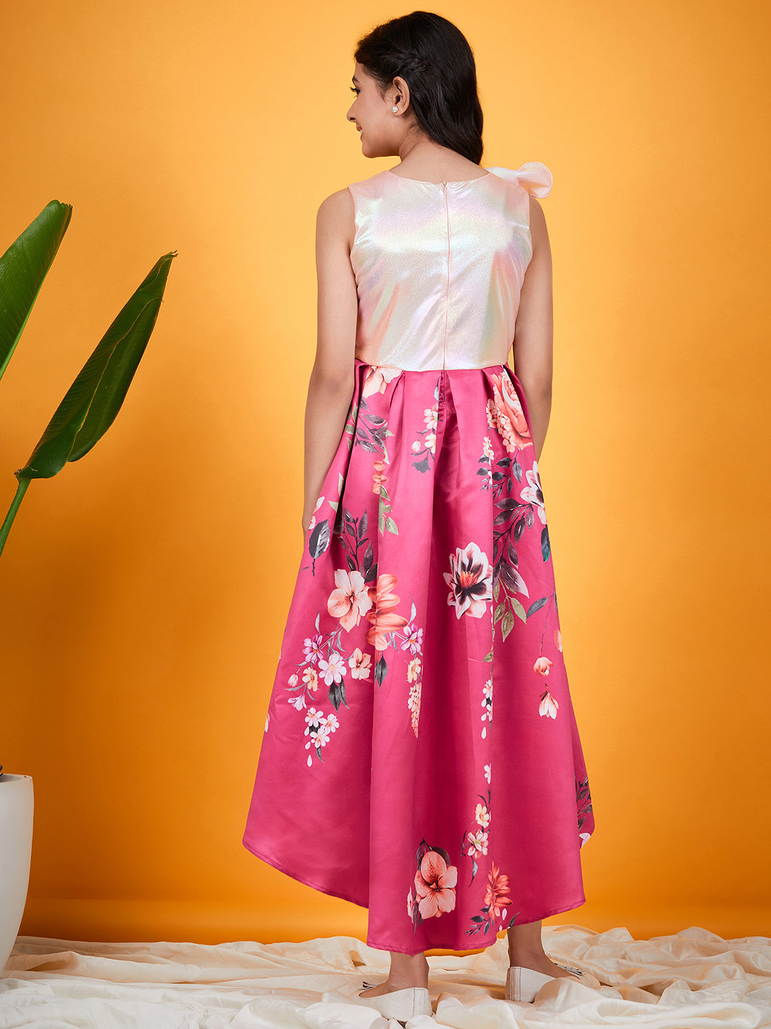 Girls Floral Printed Ruffled & Sheen Satin Fit & Flare Dress (d-magsatin)