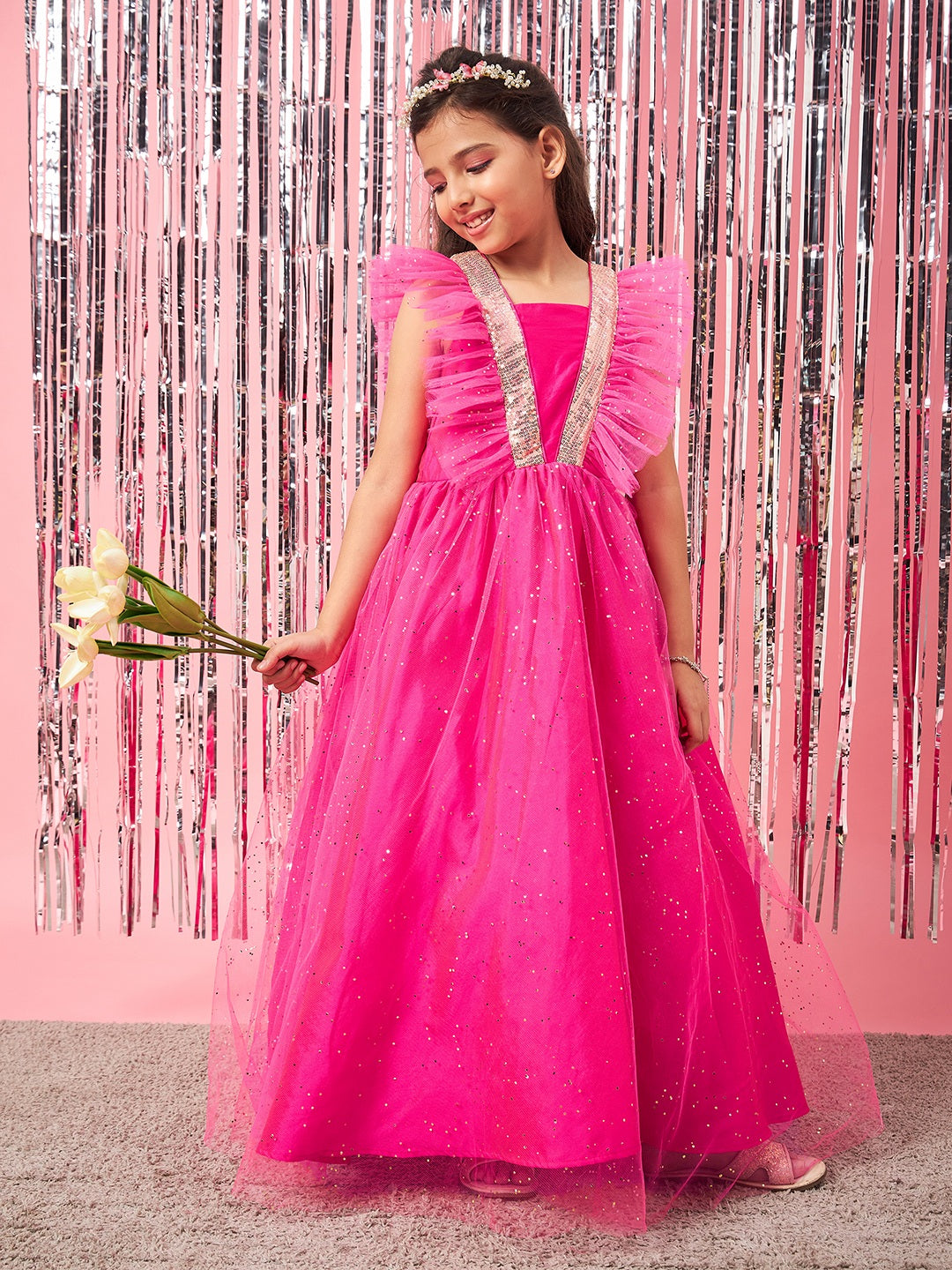 Girls Embellished Sequinned Fit & Flare Maxi Dress (d-magsparkle)