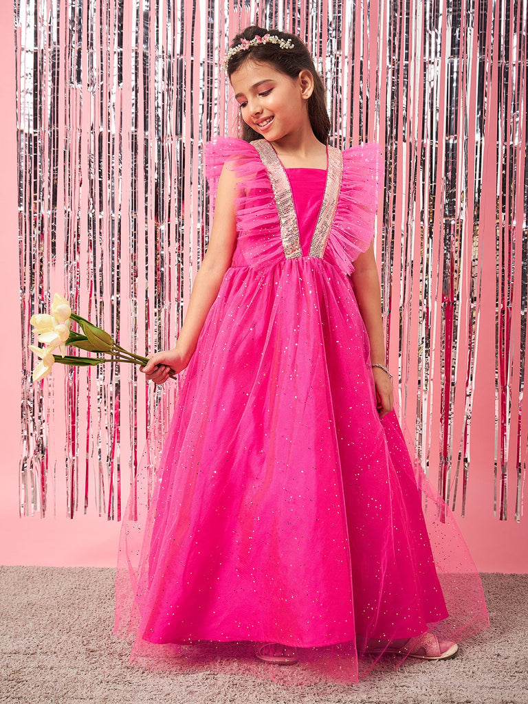 Girls Embellished Sequinned Fit & Flare Maxi Dress (d-magsparkle)