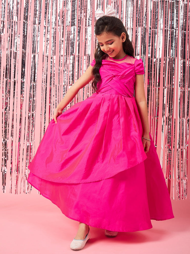 Girls Magenta solid maxi dress Puff Sleeves Maxi Dress Round neck Party Dress (d-magtaffetta)