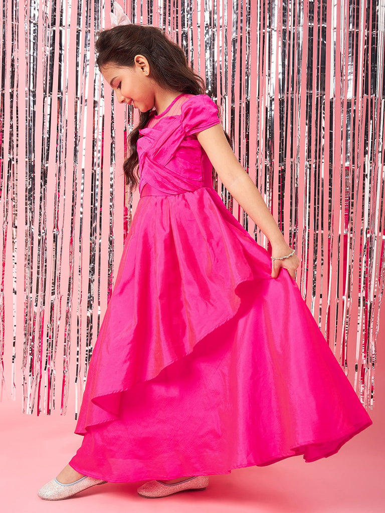 Girls Magenta solid maxi dress Puff Sleeves Maxi Dress Round neck Party Dress (d-magtaffetta)